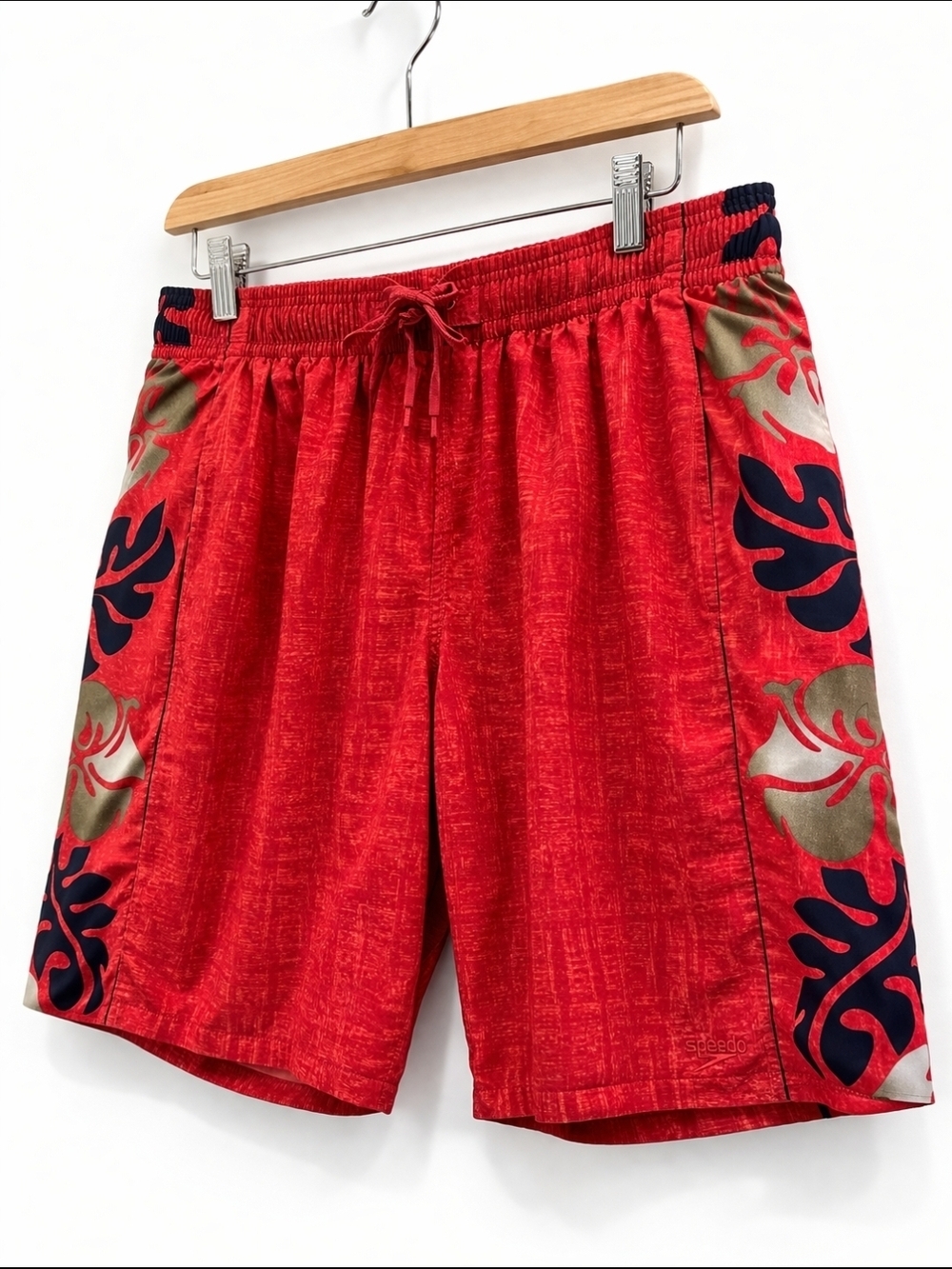 Speedo Red Swim Board Shorts with Navy and Tan Tropical Panels